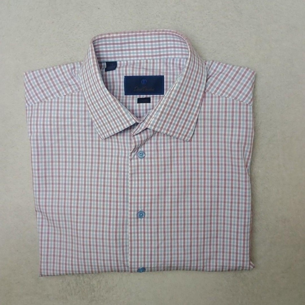 David Donahue Shirt Mens 17 34 35 Blue Check Plaid Trim Button-Up Slim Cotton